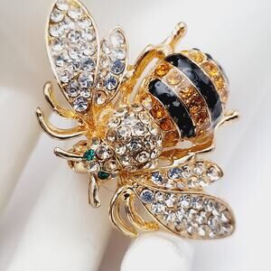 Bee Gold Plated Brooch, Insect Pin Clear Black Yellow Rhinestones Signed Ricinni